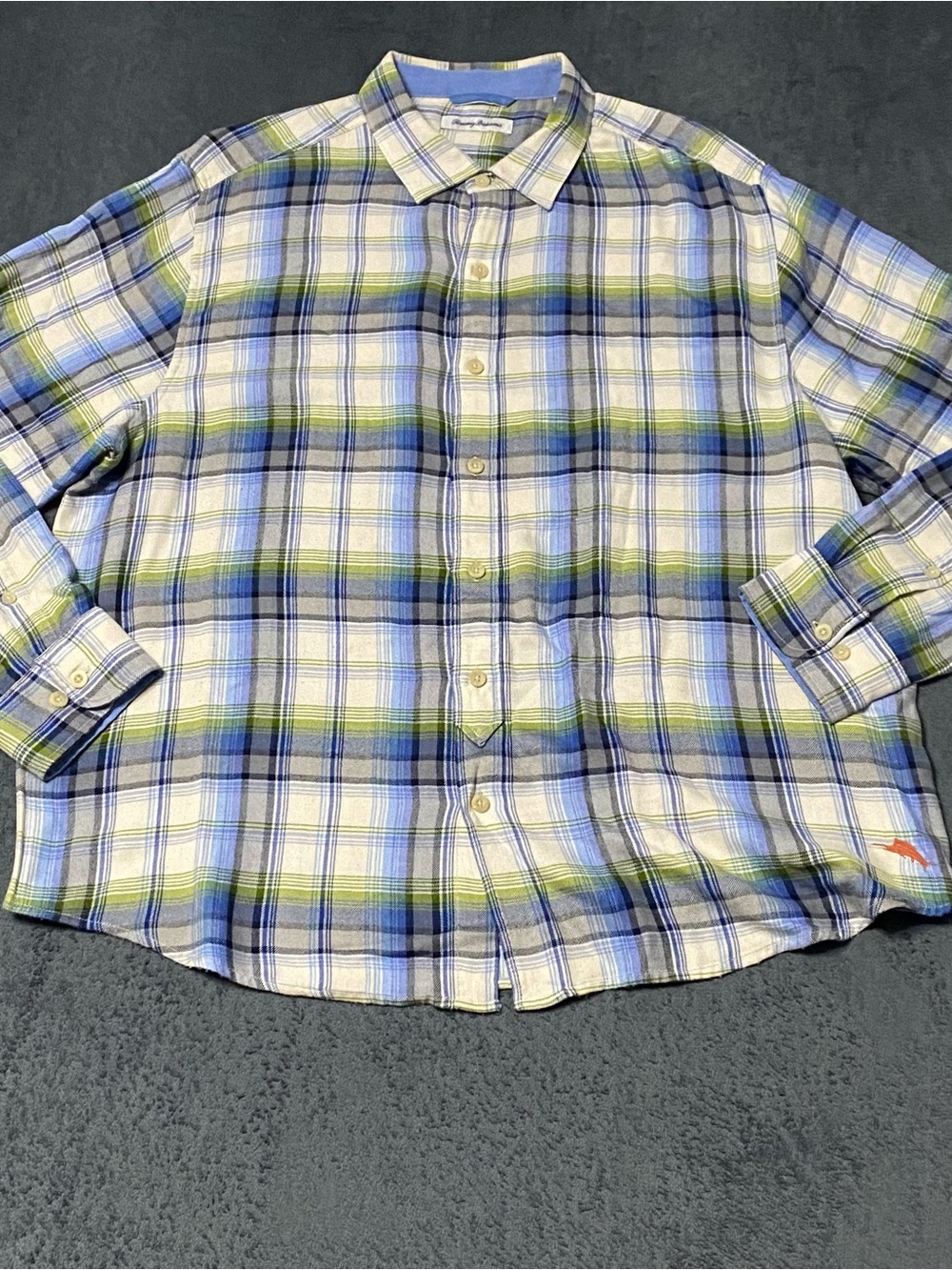 Tommy Bahama Button Up Shirt Mens XL Blue Green Plaid Long Sleeve Preppy Casual